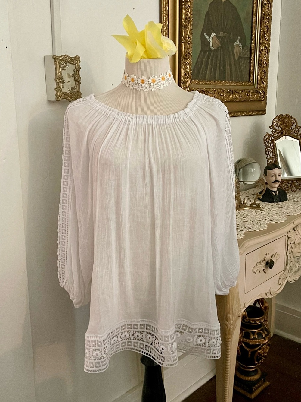 Zac & Rachel White Peasant Blouse with Lace Trim